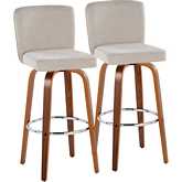 Henry 30" Swivel Bar Stool in Walnut Wood & Beige Fabric with Round Chrome Footrest (Set of 2)